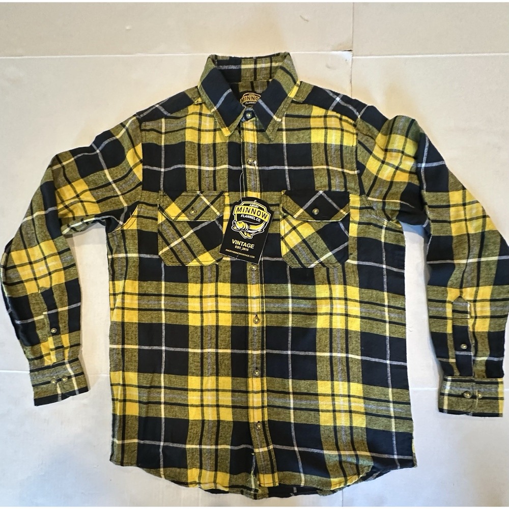 Angry Minnow Flannel Share Yellow Black Plaid Size Medium Long Sleeve